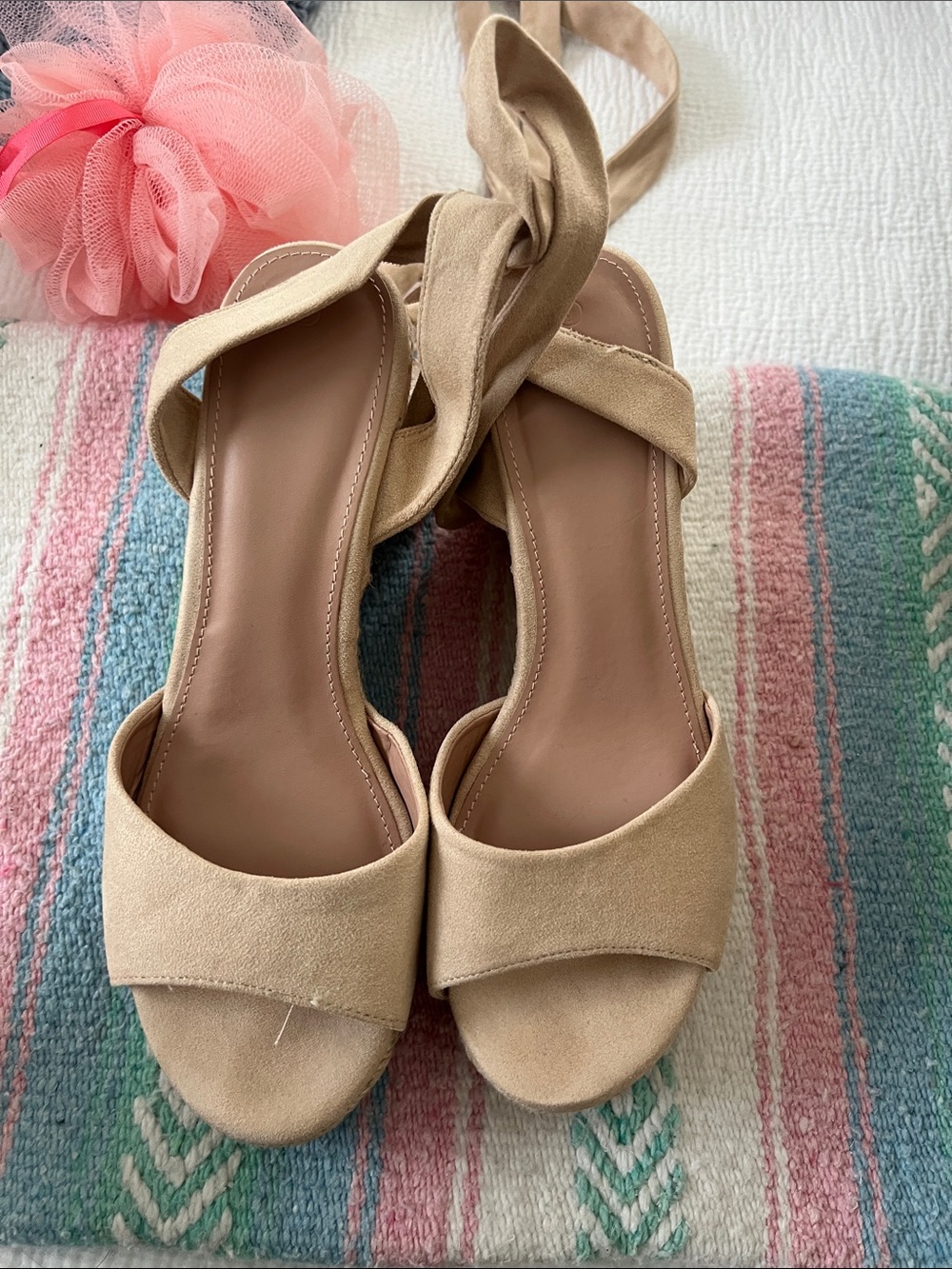 Women's Beige Suede Tie-Ankle Wedges
